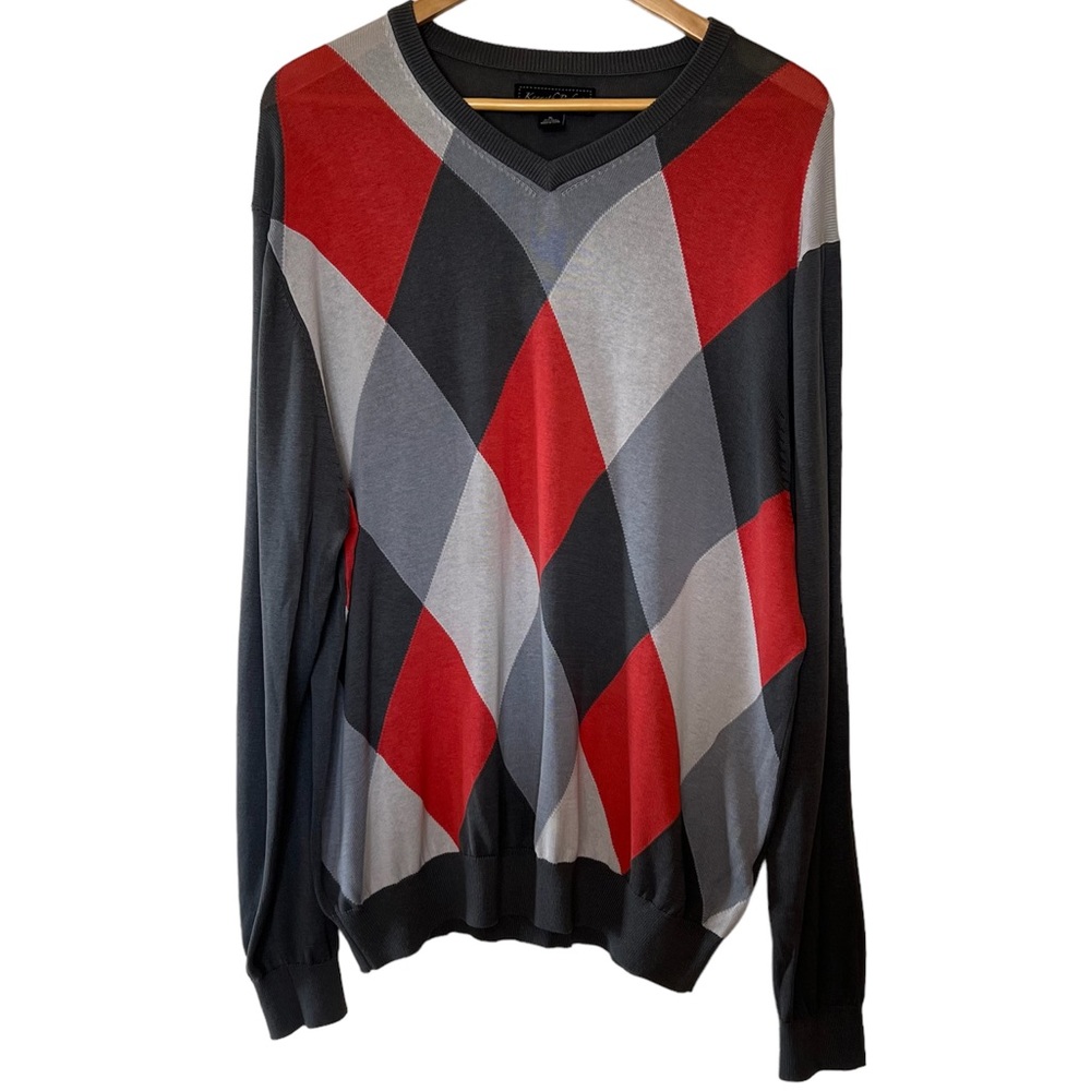 Kenneth Roberts Platinum mens argyle silk blend v-neck sweater size XL
